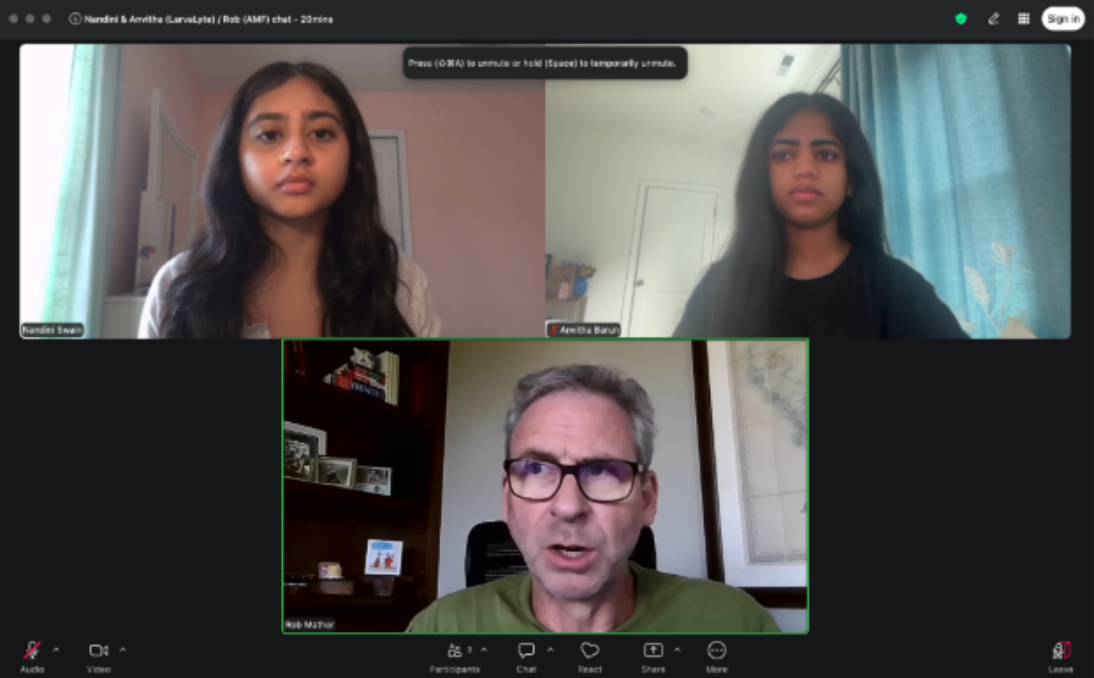 Anvitha in a video call meeting with a global malaria prevention nonprofit