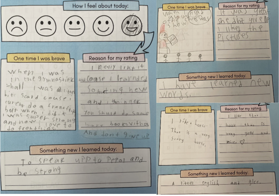 Student worksheets with handwritten reviews of Anvitha's book