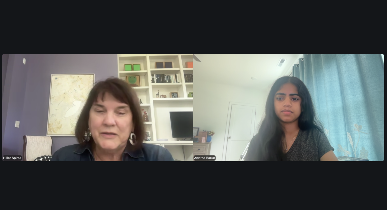 Anvitha in a video call with the president of the North Carolina Reading Association