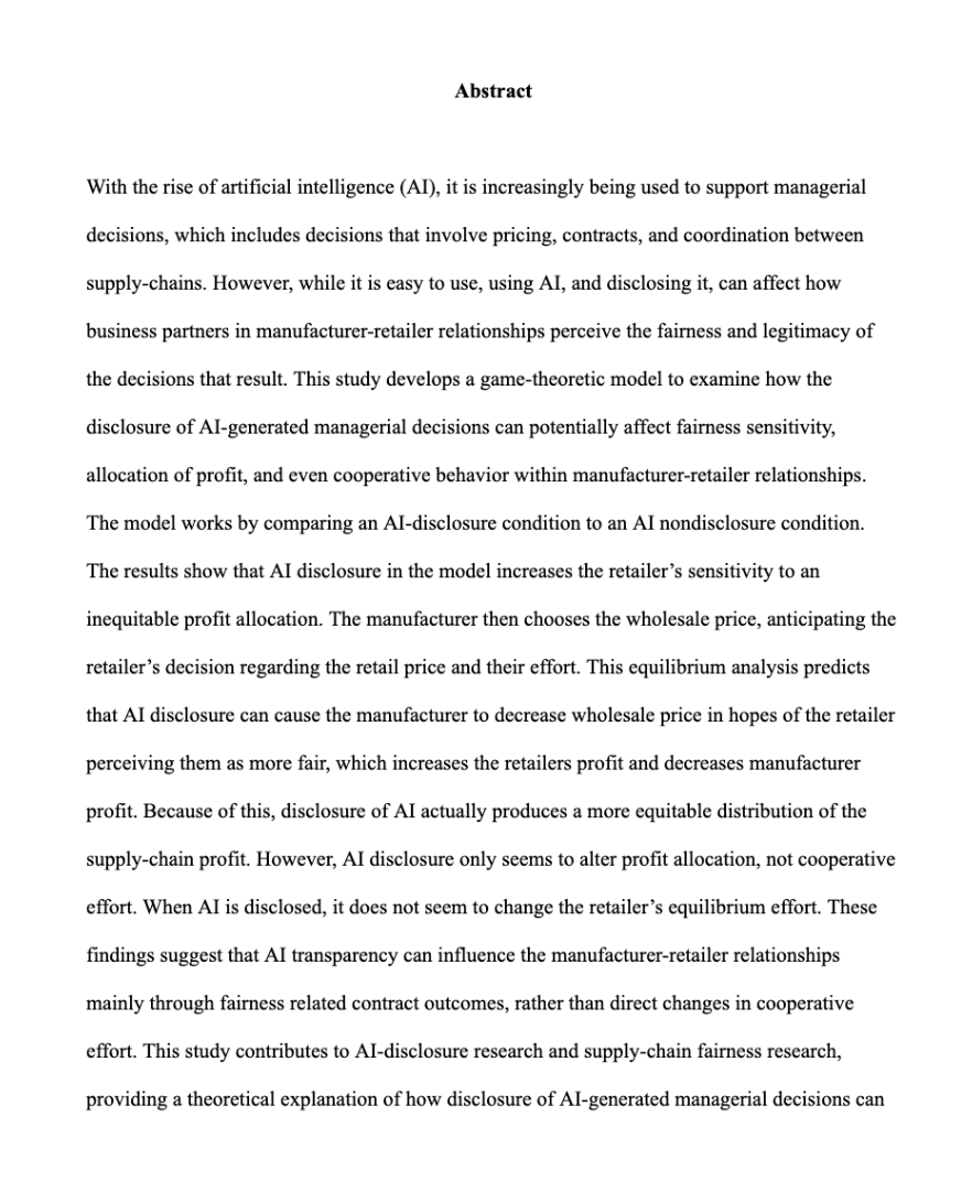 Abstract of Anvitha's business research paper on AI disclosure and fairness
