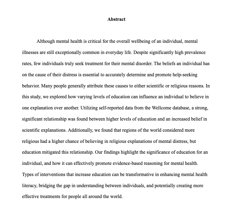 Abstract of Anvitha's psychology research paper on education and beliefs about mental health